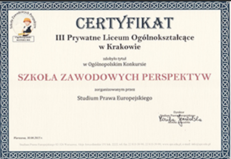 Certyfikat III Prywatne Liceum Ogólnokształcące w Krakowie